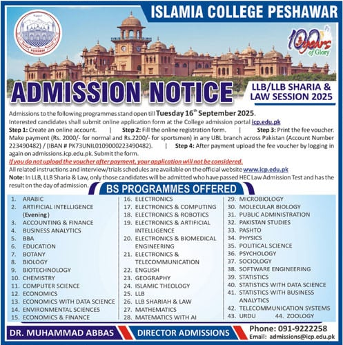 Admission Open in Islamia College Peshawar